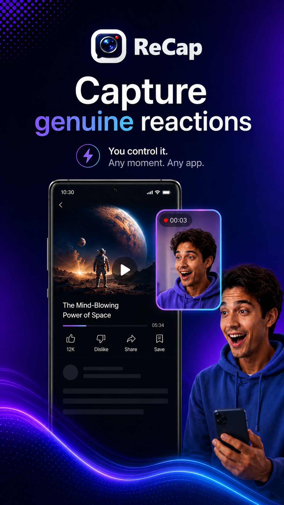 ReCap feature graphic: capture the reaction before the moment is gone