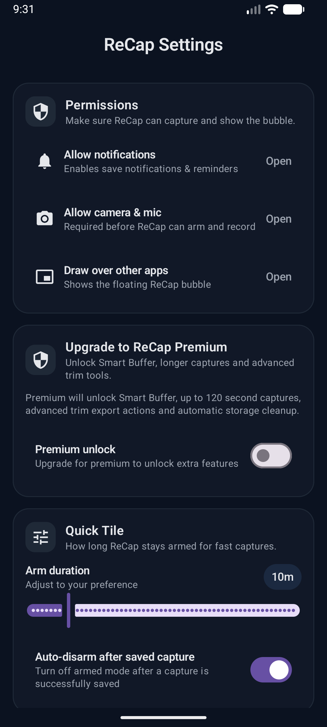 ReCap permissions screen showing required permissions
